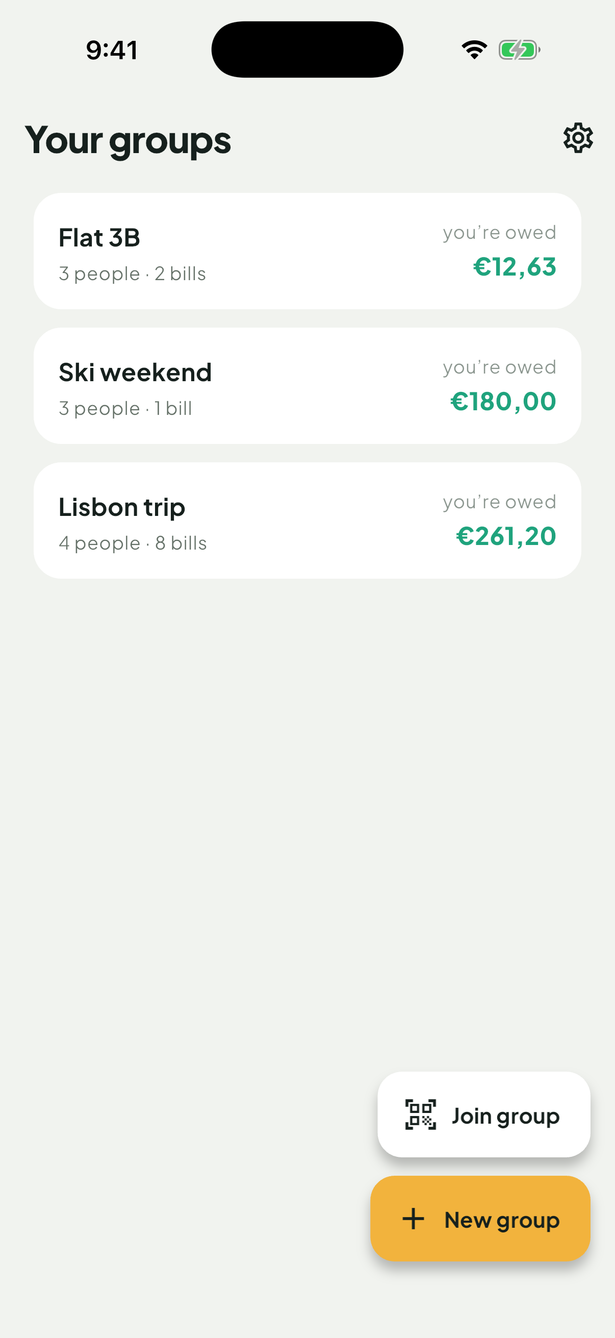 The Untilt home screen showing several expense groups