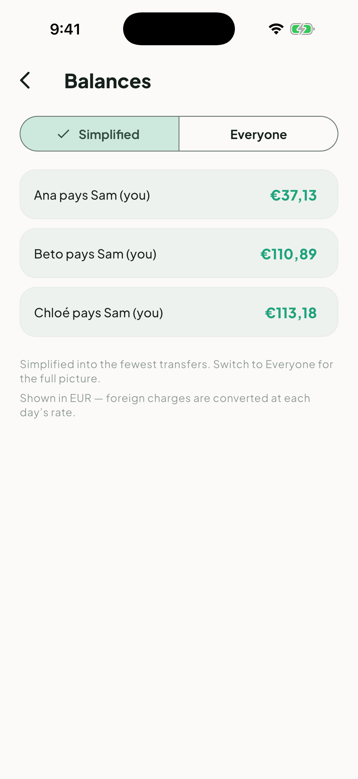 The Untilt balances screen showing who owes whom